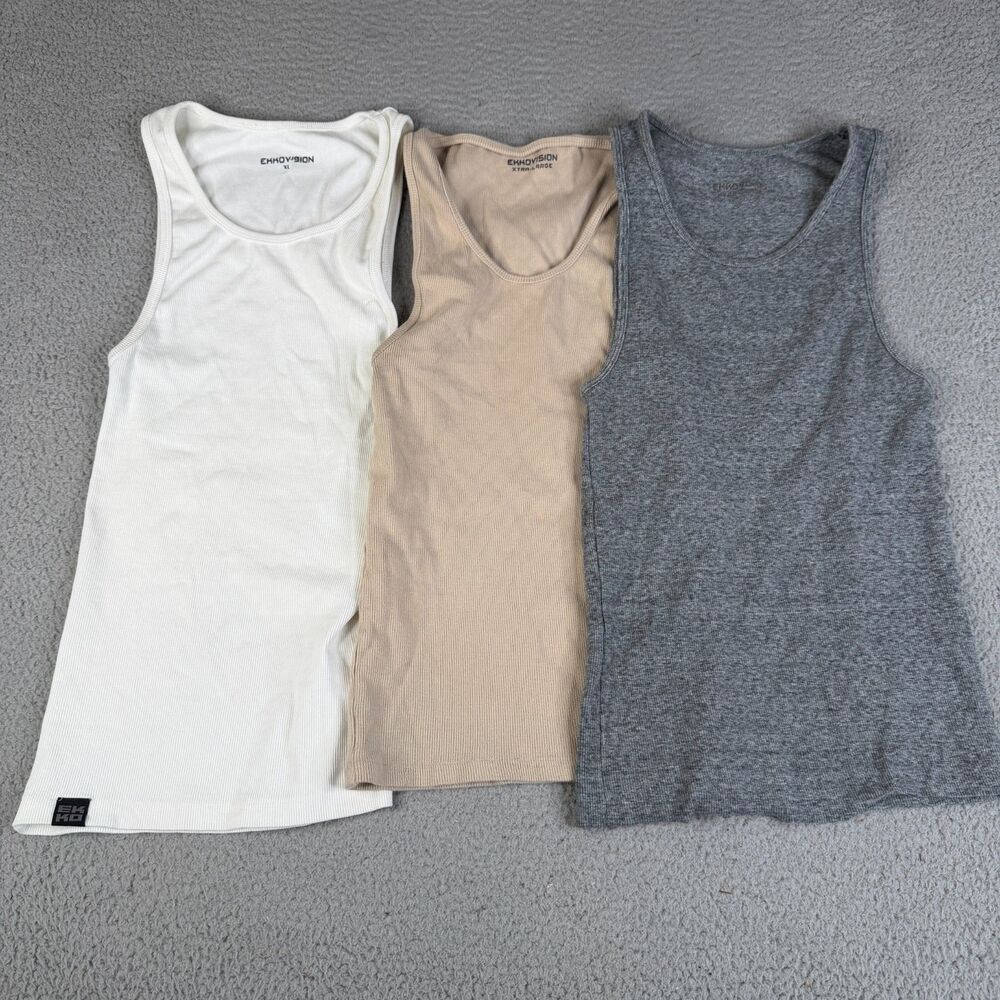 LOT OF 3 RIBBED Tank Top Women XL Gray White Tan Fitness Training Ekkovision